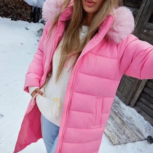 Pink Casual Women's Oversized Furry Collar Hooded Straight Thick Warm Down Coat - Picture 2 of 5